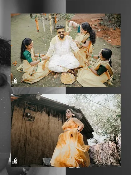 A collage capturing the mix of emotions and fun at a Haldi ceremony, from traditional rituals to playful moments.
