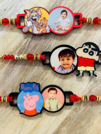 Fun and colorful rakhis for kids, featuring their favorite cartoon characters like Tom and Jerry, Shinchan, and Peppa Pig alongside their photo.