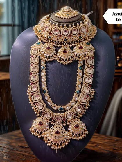 A beautifully styled shot of a complete bridal set available to buy. This heirloom-quality piece features a polki choker and a stunning rani haar, perfect for creating a memorable wedding look.