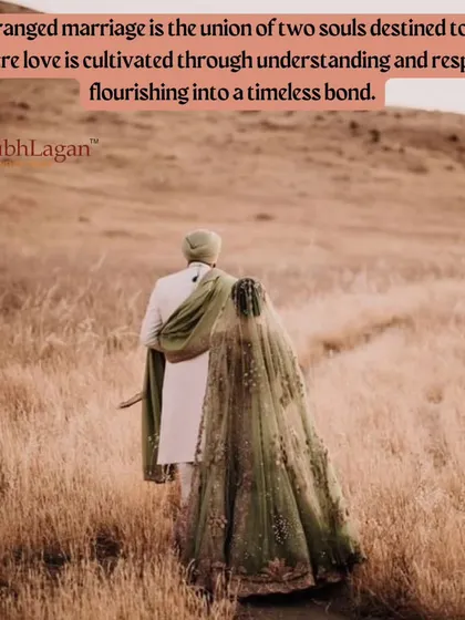 A couple walks through a field, the bride's green lehenga standing out beautifully. This image represents the journey of discovery and growth in an arranged marriage.