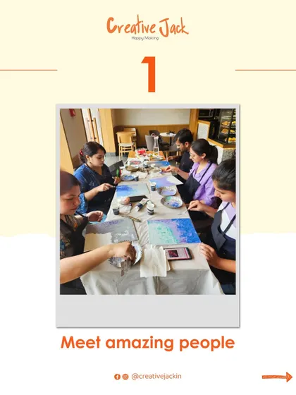 A group of students gathered around a table, deeply engaged in their painting projects. My workshops are a great place to meet new, like-minded people.