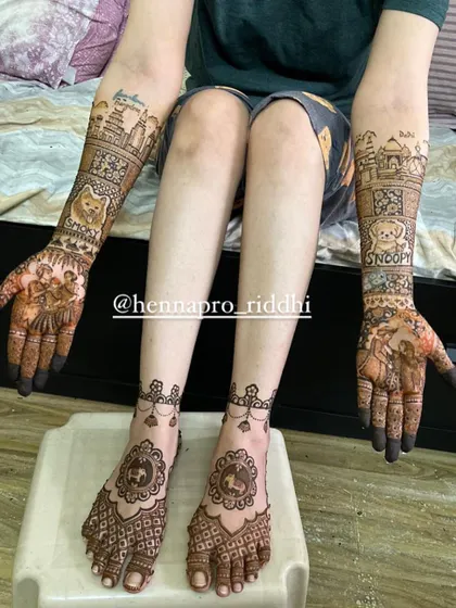A complete bridal henna set for hands and feet. The designs are coordinated, with the hands telling the couple's story through pet portraits and skylines, and the feet featuring a matching logo design.