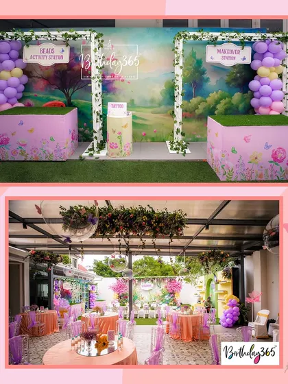 A look at the dining and activity stations from a butterfly-themed party. We create a cohesive experience, from the grand decor to the seating areas.