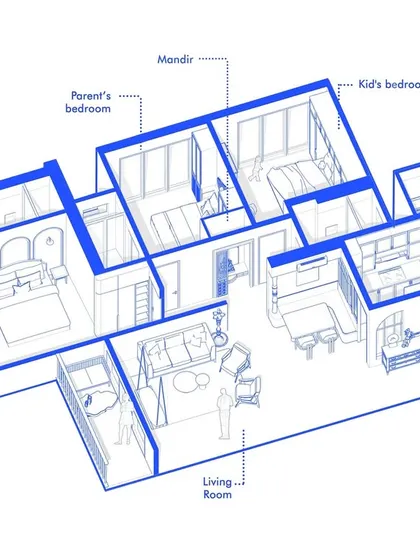 Our design process begins with a deep understanding of space and flow. This axonometric illustration shows how we reconfigured two separate apartments into a single, cohesive 4BHK home, creating an open-plan living area and clearly defined private zones for the family.