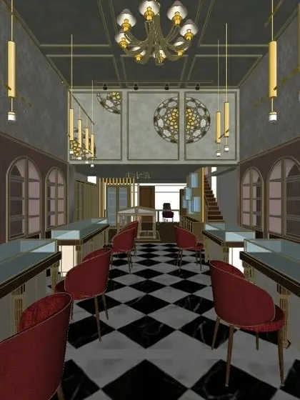 A concept proposal for a luxury jewellery store in Bangalore. This 3D render illustrates a classic and opulent design with black-and-white checkered marble floors, grand chandeliers, and rich red seating to create an exclusive atmosphere.