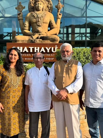 Another photo of our team with our honored guests, Dr. G.G. Gangadharan and his wife. We cherish these opportunities to connect with leaders in the field of Ayurveda.