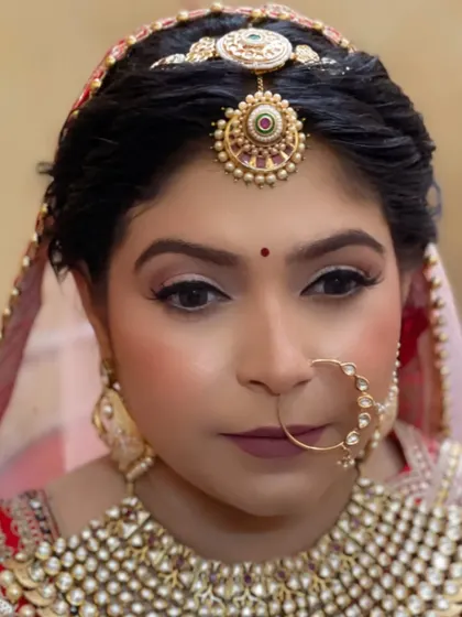 A stunning close-up portrait. The focus is on the bride's captivating eyes and the beautiful details of her matha patti and nath.