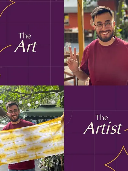 From preparing the fabric with clamps and ties to showing off the final sun-yellow striped pattern. This participant showcases the process and the proud result of his work in our tie-dye experience.