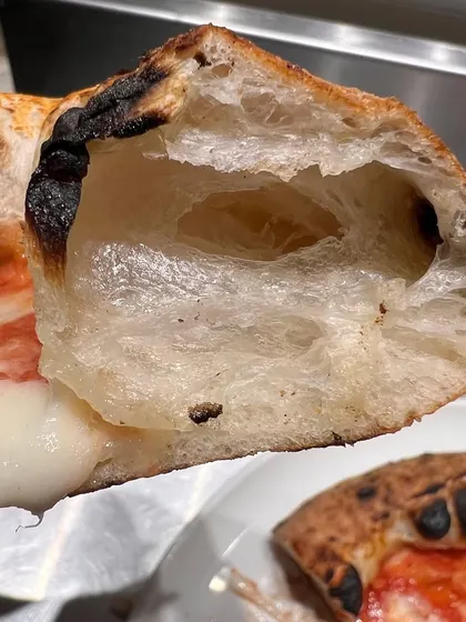 Look at the structure inside that crust. Those large, irregular holes are what we call an open crumb, the hallmark of a great Neapolitan pizza dough.