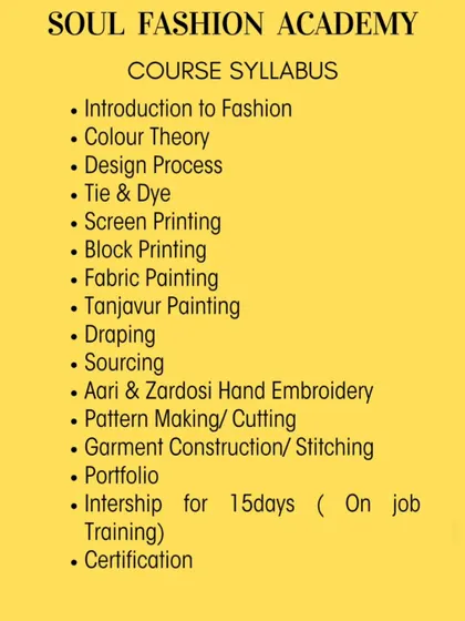 Our course syllabus, which includes practical skills like Aari embroidery, garment construction, and a mandatory 15 day internship.