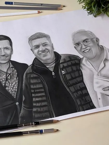 A graphite sketch of three friends on A3 paper. This shows my ability to handle group portraits, ensuring each person is recognizable and the composition is balanced.