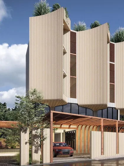 Street-level views of the Bellevue Club, showing the entrance and how the building presents itself to the community with a blend of solid forms and open, welcoming ground floor.