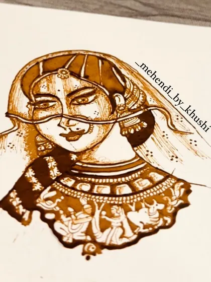 The jewelry you wear can be mehendi. This design features a bride's portrait with an incredibly detailed necklace made of tiny figures, a technique we explore in the advanced course.