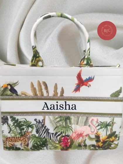 A mini jungle print tote bag, customised for 'Aaisha'. These smaller bags are great for kids or as a chic little handbag.