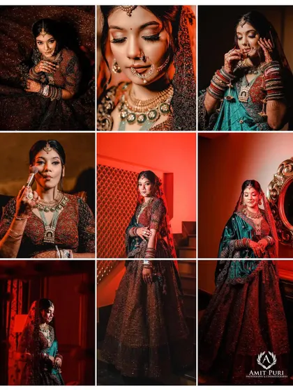 A collage of artistic bridal portraits. The use of dramatic red lighting and creative poses results in a set of images that are both modern and intensely beautiful.