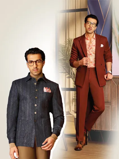 Tailored to perfection, designed for distinction. This collage showcases a striped bandhgala and a rust-colored suit, demonstrating our range of bespoke elegance.