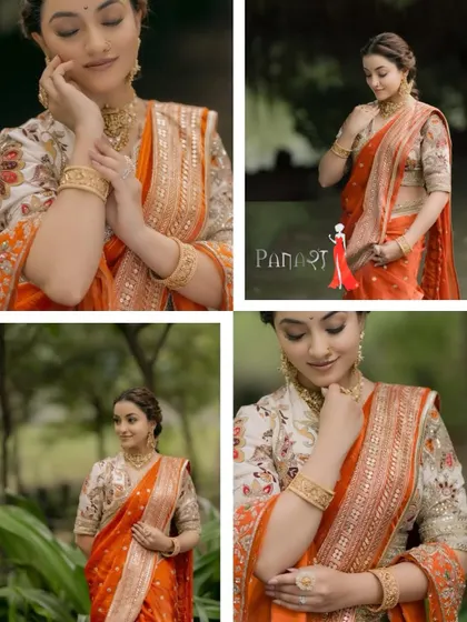 A collage showing a model in a beautiful orange Nauvari saree. This look is perfect for a festive occasion, combining a bright, auspicious color with elegant, traditional styling.