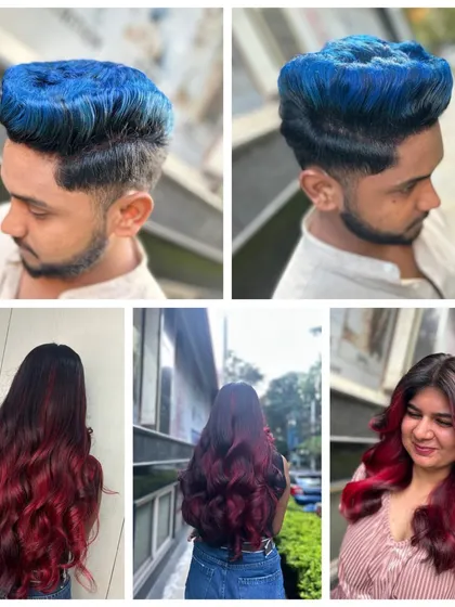 A collage showcasing the versatility of our hair coloring courses. From bold blue fashion color on men's hair to deep red and burgundy shades for women, our students learn to master a spectrum of colors.
