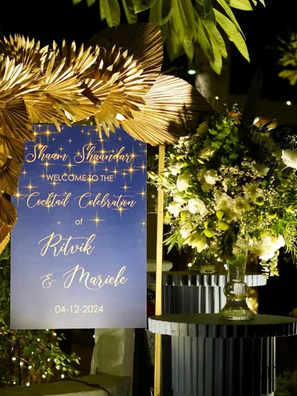 A 'Shaam Shandaar' indeed. The welcome signage for the cocktail celebration, with its starry night theme and golden accents, perfectly set the mood for a glamorous evening.