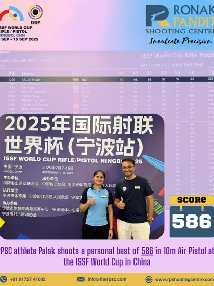 A personal best is always a victory. Here, we celebrate our athlete Palak achieving her personal best score of 586 in the 10m Air Pistol event at the ISSF World Cup in China, a sign of continuous improvement and dedication.