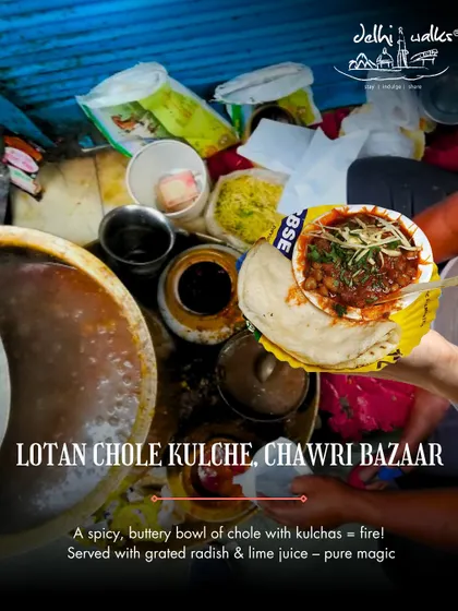 Lotan Chole Kulche in Chawri Bazaar is an institution. A spicy, buttery bowl of chole with kulchas, served with grated radish and lime juice, is pure magic.