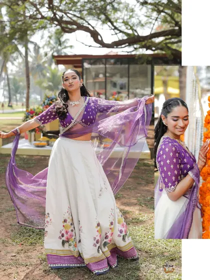 A collage of the bride showing off her beautiful purple and white Haldi outfit.