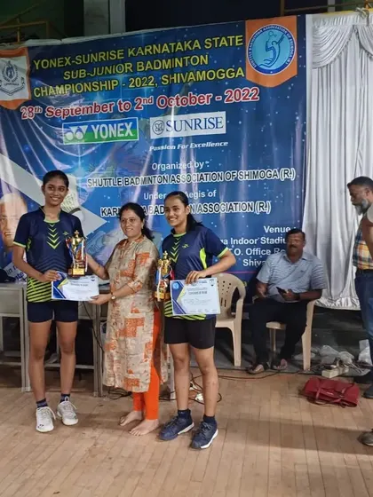 Our U17 girls doubles semi-finalists receiving their awards at the Yonex-Sunrise Karnataka State Sub-Junior Championship in Shivamogga.