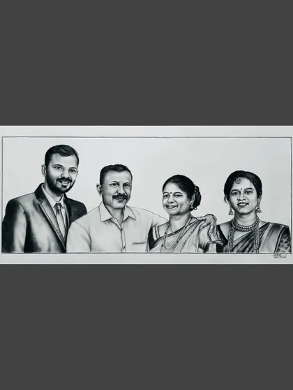 A large charcoal portrait featuring four family members. I can combine multiple people into a single composition for a complete family artwork.