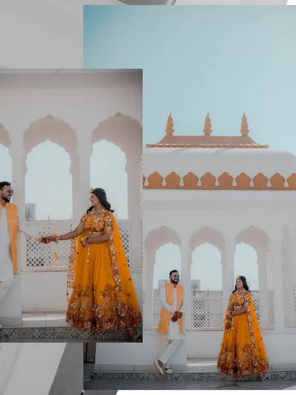 A collection of images from a beautiful Haldi ceremony. The couple's bright yellow outfits shine against the white architectural backdrop, capturing the joy and tradition of this pre-wedding ritual.