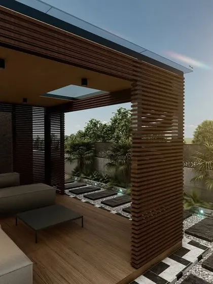 Natural light is essential. For this terrace lounge concept, I designed a slatted wood enclosure and an open roof section to allow sunlight to fill the space while providing shade.
