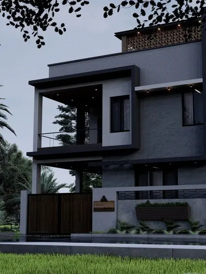 A proposed design for a home in Shimoga with a dark, sophisticated color palette. The architecture includes a covered balcony and a prominent terrace, maximizing outdoor living space.