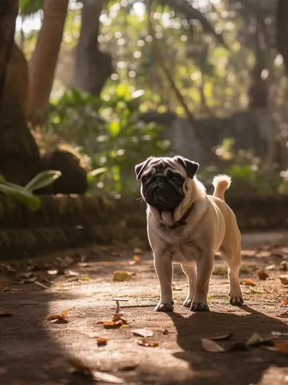 This pug is striking a pose mid-walk. Our green, shaded paths are perfect for comfortable walks even on sunny days.