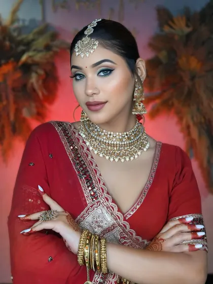 Confidence in every frame. A full view of the classic red bridal look, showcasing the harmony between the makeup, heavy jewelry, and the rich red saree.