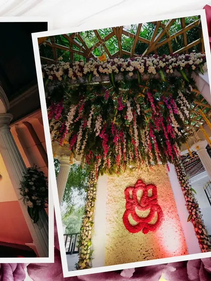 A collage showcasing unique traditional decor elements, including a floral Ganesha motif. This highlights my ability to create custom, divine pieces for any ceremony.