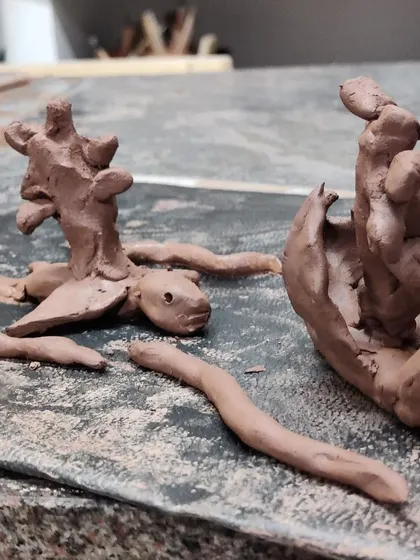 These whimsical clay creatures were made during a kids session focused on sea life. The process of sculpting animals is a great way for children to learn and share their knowledge in a creative setting.