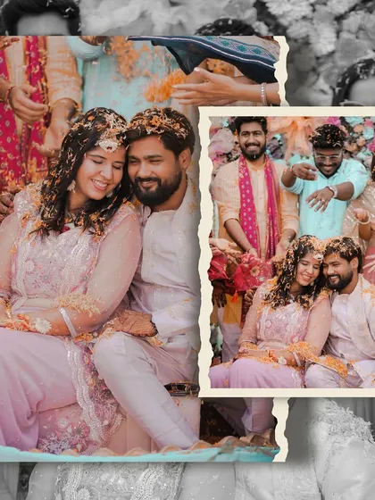 An artistic collage from the Haldi ceremony. The torn-paper effect adds a creative touch, framing the couple's loving moments with their friends and family.
