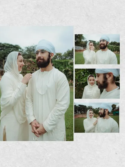 A collage of a couple in serene white outfits, capturing their gentle and loving interactions.