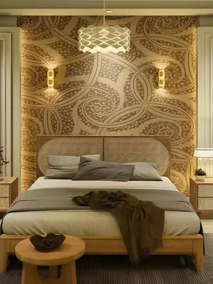 This bedroom has a warm, earthy feel, with a rattan headboard and a textured wallpaper accent wall.