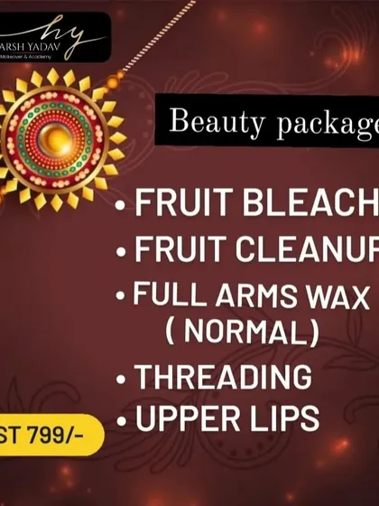Here is another example of our essential grooming package offered during Rakhi. It includes a Fruit Bleach and Cleanup, normal full arms waxing, and threading, making it a convenient option for your basic salon needs.