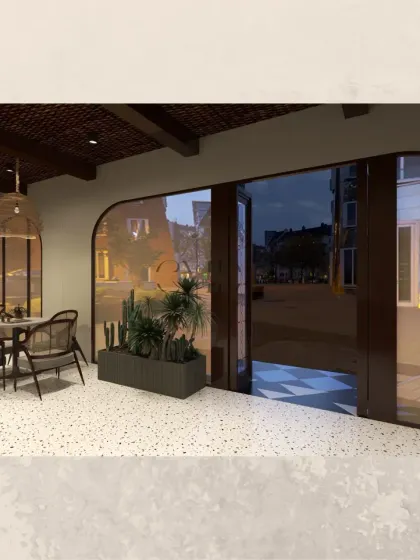 The design incorporates large, arched doorways that can be opened up to connect the interior with the outdoors. This feature enhances the sense of space and allows for natural airflow, perfect for a cafe environment.