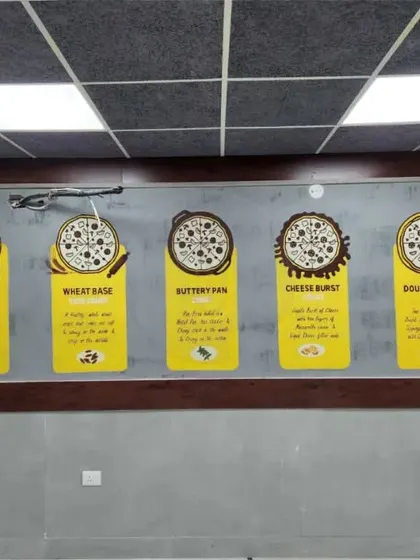 This wall art for Pizzawing in Panipat showcases their five signature pizza crusts. Using a combination of illustration and calligraphy, we created a visually appealing menu board that is both informative and on-brand.