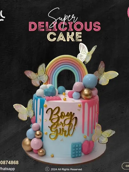 A stunning "Boy or Girl" gender reveal cake. This design features pink and blue drips, a pastel rainbow, and beautiful butterflies, making for a magical and exciting reveal.