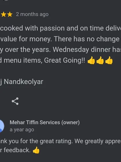 Consistency is key for a tiffin service. This review mentioning 'no change in quality over the years' is a testament to our commitment to providing great food and service every single day.
