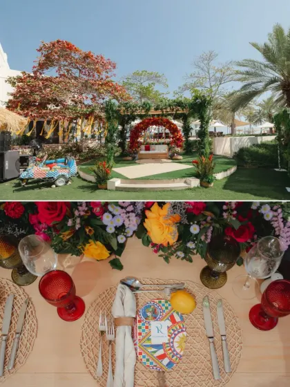 A vibrant, Italian inspired Mehendi setup in Oman. The decor featured bright floral arrangements, lemons as accents, and personalized stationery with colorful Mediterranean tile patterns.