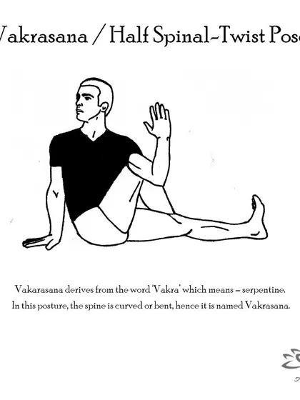 Vakrasana (Half Spinal-Twist Pose) increases the flexibility of the spine, relieves back pain, and stimulates the liver, kidney, and pancreas.