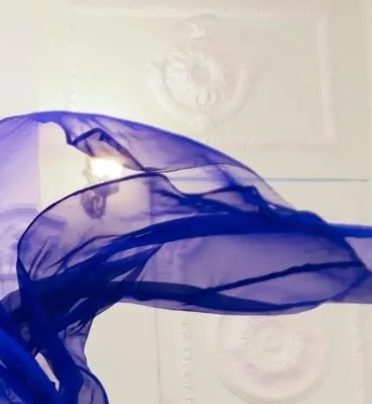 The flowing fabric of a royal blue trail gown, captured in motion.