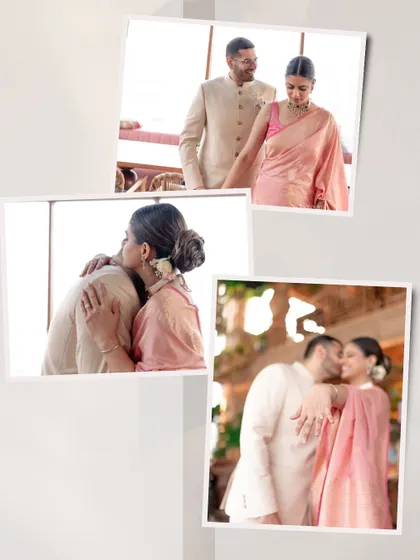 A collage of sweet, candid moments from an engagement party, capturing kisses and hugs in a scrapbook style.
