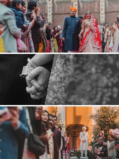 A collage capturing the key moments of a wedding: the bride's entrance, the groom's anticipation, and the joining of hands.