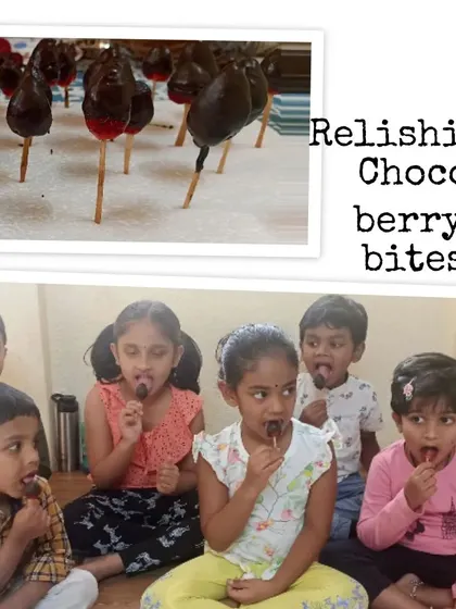 The best part of any cooking activity is relishing the final product. The children are all enjoying their homemade chocolate-covered strawberry bites.