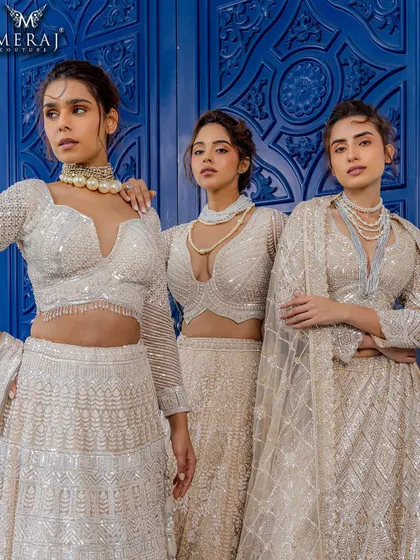 A closer look at the golden ensembles, designed for bridesmaids and modern brides who seek elegance in every thread.